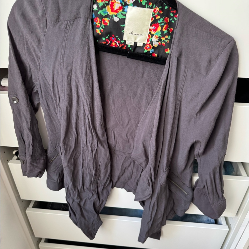 Elevenses Charcoal Blazer with Colorful Floral Lining by Anthropologie